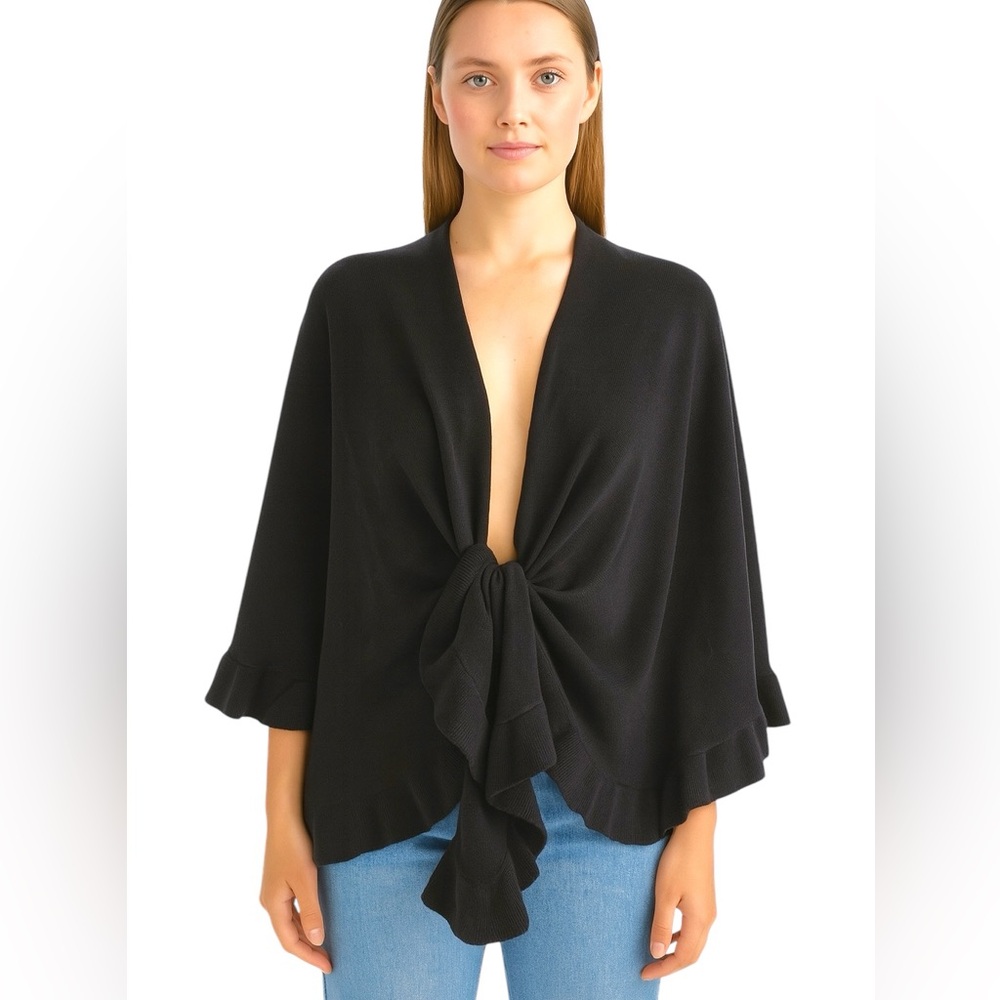 Ann Taylor. Knit Black Kimono Cape Open Front Ruffle Hem One Size